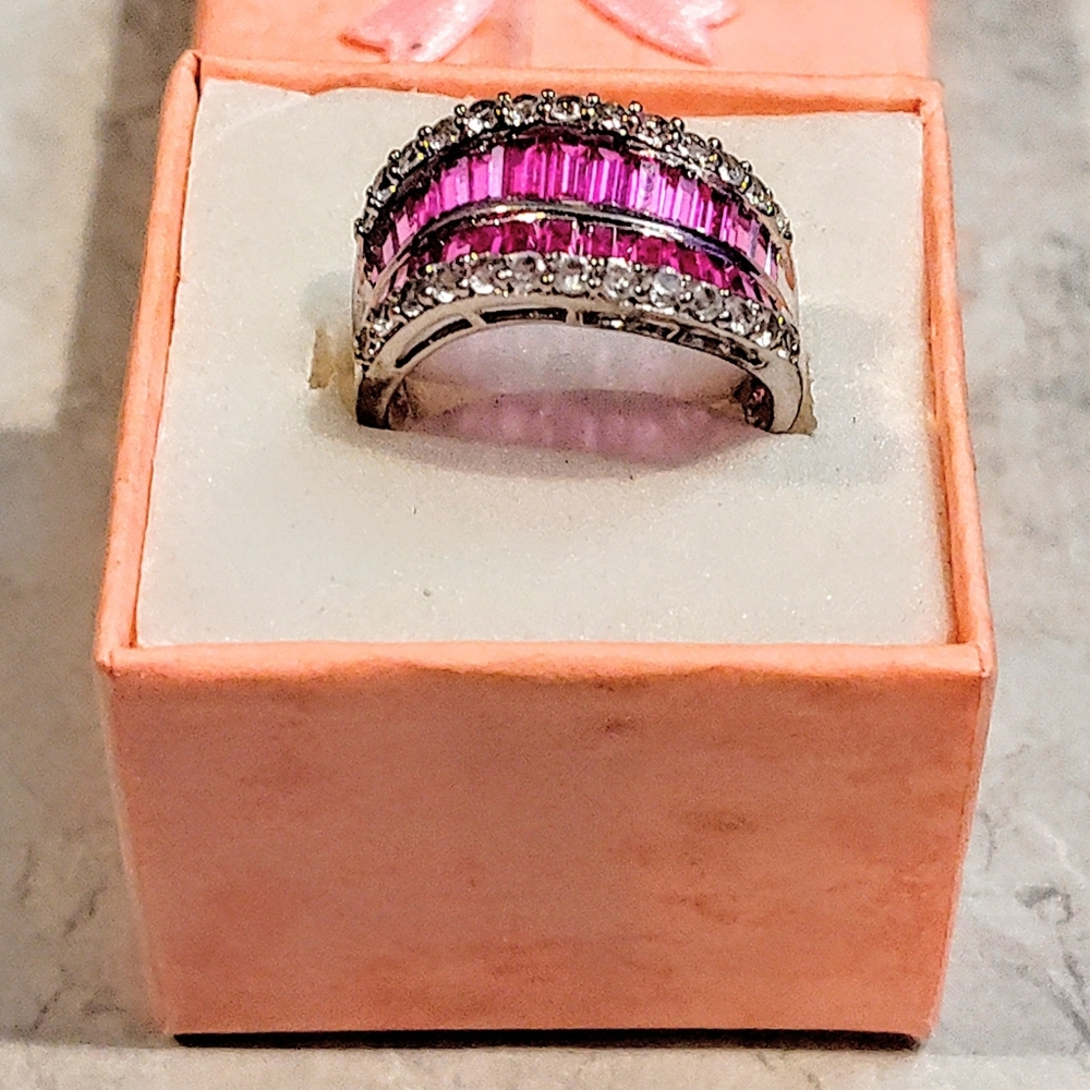 VINTAGE 4 ROW ETERNITY BAND BAGUETTE CUT RUBIES & ROUND DIAMONDS SILVER RING - Picture 4 of 12